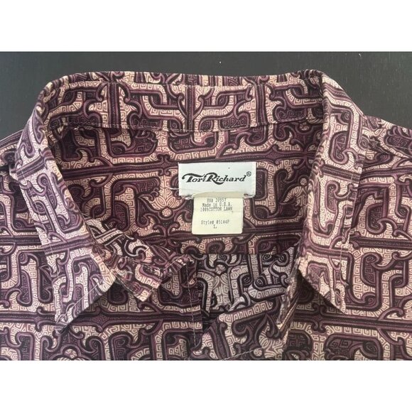 TORI RICHARD Short Sleeve Shirt Size Large Hawaiian Cotton Lawn Purple Tribal - Picture 3 of 7